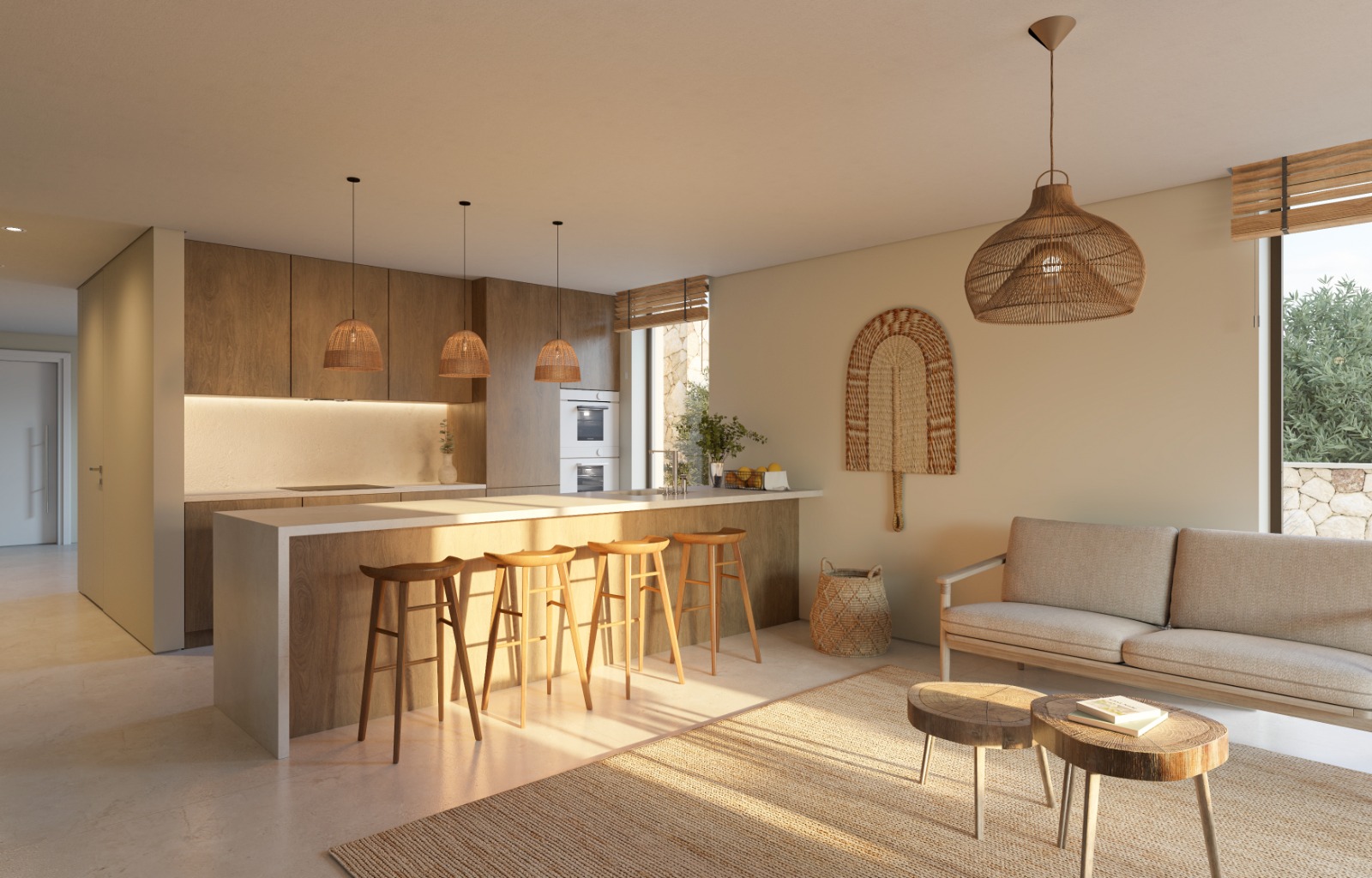 Open-plan living and kitchen with island bar and natural materials